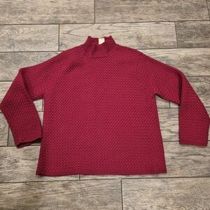 Talbots Hand Knit Merino Wool Sweater XL Berry Red Basketweave Chunky Mock Neck